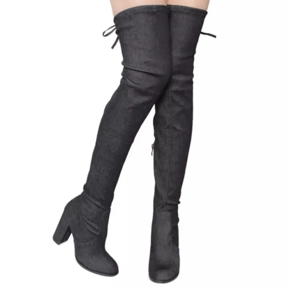 BLACK DENIM OVER THE KNEE BLOCK PLASFORM HEEL BOOT